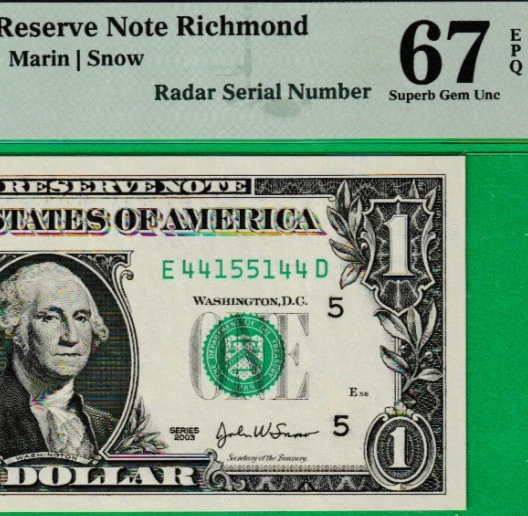 $1  Federal Reserve note RADAR Serial Numbers 44-1551-44 PMG 67 - Image 1 of 3