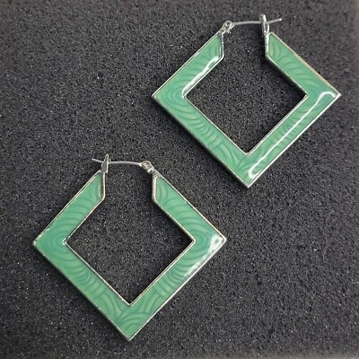 Lia Sophia Light Green Enamel Hoop Earrings Hinge Closure 1 1/8" Original Box  - Image 1 of 4