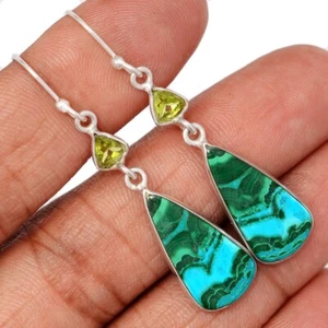 Natural Malachite In Chrysocolla - Congo & Peridot 925 Silver Earrings CE50753 - Picture 1 of 1