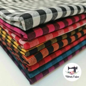 Abito 100% Cotone Lino Gingham 1/4" Check Materiale Plaid Tessuto Artigianale 42" Metro - Foto 1 di 20
