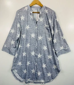 Ekouaer Women Pajama Dress XL Gray White Stars Button Up V Neck Long Sleeve NWT - Picture 1 of 5