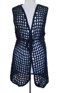Vtg 60s Crochet Cardigan Sweater Vest L Women Navy Blue Acrylic Made In Japan - Picture 1 of 4