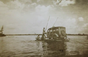 Vintage Woody Wagon Photo Crossing Rio Duarte River Pole Barge Argentina 1930s - Picture 1 of 4