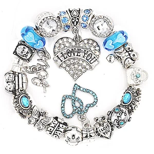 PANDORA BRACELET WITH AQUA "LOVE STORY" RHINESTONE HEART THEMED CHARMS NEW1 - Picture 1 of 5