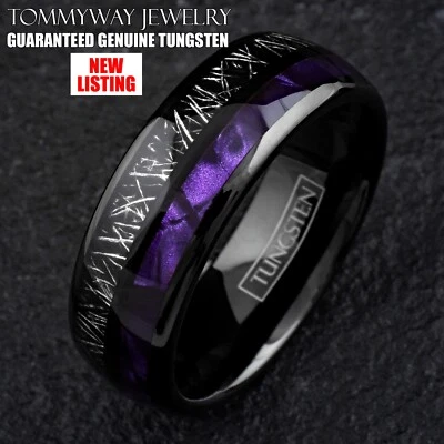 Alianza de boda anillo de carburo de tungsteno negro concha púrpura y rayas de meteorito sintético Foto 1 de 4