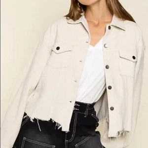POL Clothing Distressed Corduroy Trucker Jacket Cream Size M - Picture 1 of 10