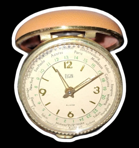 Vintage Elgin Bradley Travel Alarm Clock Chicago Motor Club World Time Windup Cover