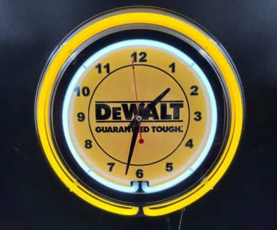 15" Dewalt Guaranteed Tough Tools Sign Yellow Double Neon Clock - Image 1 of 2