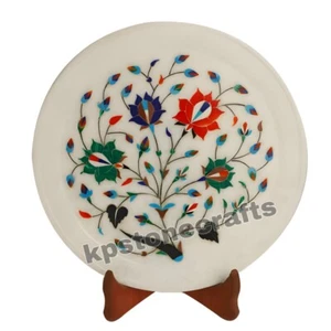 10" Round Marble Inlay Plate | Handcrafted Decorative Gift | Semi-Precious Stone - Picture 1 of 4