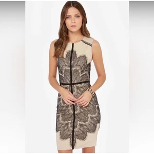 NWT London Dress Company Sheath Lace Overlay Navy Blue Beige Size 8 - Picture 1 of 8