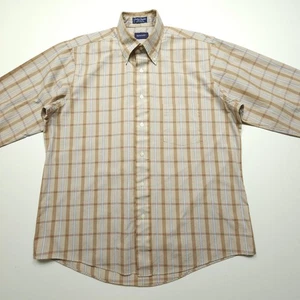 VTG Gant Mens Shift Large Brown Blue Plaid Purebred Broadcloth 80s Casual Office - Picture 1 of 19