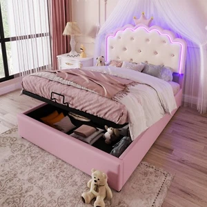 LED Polsterbett Doppelbett 140x200 Stauraumbett mit Kopfteil im Kronenform Rosa - Bild 1 von 14