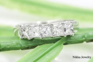 0.9 CT Natural Diamond Princess Cut 14K White Gold Half Eternity Band Size 6.75 - Picture 1 of 12