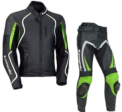 KAWASAKI Hommes Combinaison de Moto en Cuir Courses Moto en Cuir Veste Pantalon - Photo 1/3