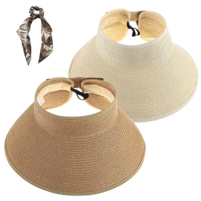 2 Packs Sun Visor Hats for Women Wide Brim Foldable Summer Straw Beach Hat - Image 1 of 4