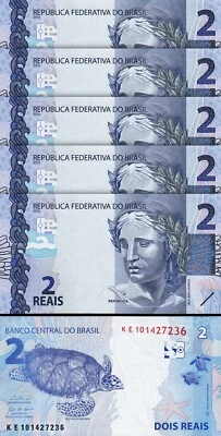 Brazil 2 Reais 2010 (2023), UNC, 5 Pcs LOT, Consecutive, Prfx KE, P-252 New Sign - Image 1 of 4