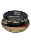 Vintage Japanes Hand-Painted Black Lacquer Rice Serving Bowl And Plate