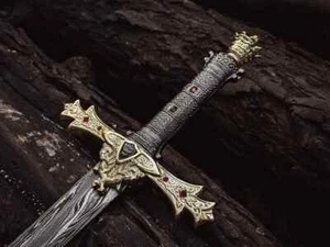 Caballeros de acero Damasco forjado a mano / Excalibur / Espada corona con funda de cuero - Imagen 1 de 6