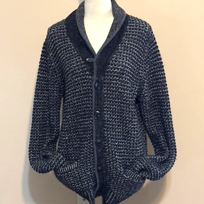 Rag & Bone Sweater Mens Sz L Chunky Wool Blend Collared Black Gray Grandpa Core - Image 1 of 4