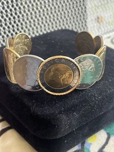 Milor 14k Yellow Gold Bezel Sterling Silver Lire Coin Cuff Bracelet QVC Italian - Picture 1 of 9