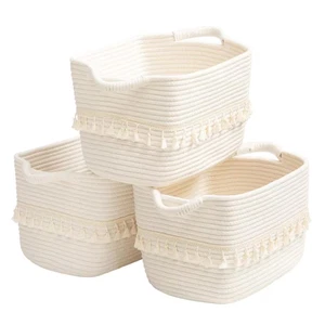 White 15 In. X 8.6 In. Cotton Decorative Basket Set of 3 - Picture 1 of 5