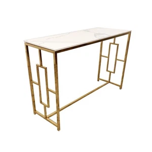 Luxury Geo 77cm Tall Gold Slim Side Console Table White Sintered Stone Top - Picture 1 of 4
