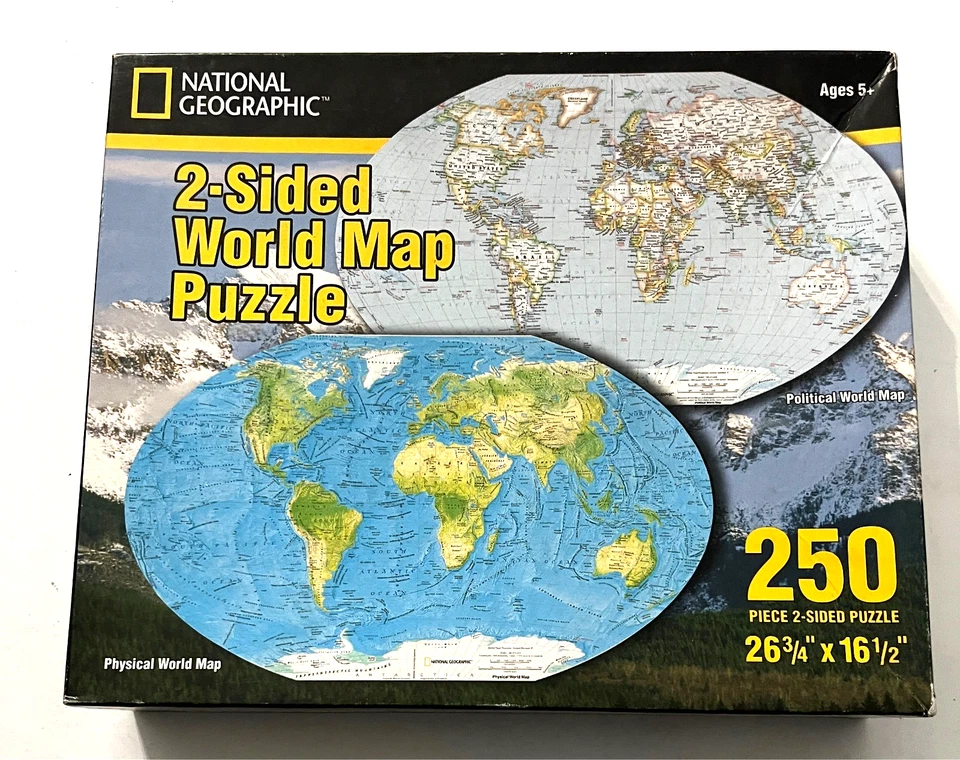 NATIONAL GEOGRAPHIC MAPA DO MUNDO 2 LADOS 250 peças quebra-cabeça 26 3/4"x16 1/2" lacrado - Imagem 1 de 3