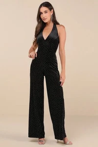 Lulus Damen Incredible Glow Schwarz Strass Neckholder Jumpsuit Gr. M Neu - Bild 1 von 6