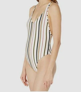 $79 Volcom Womens White Stripe V-Neck Stretch One Piece Swimsuit Swimwear Sz M - Picture 1 of 2
