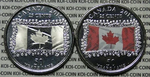 BU UNC 2015 Canada Flag 2x 25 cent quarter red & plain no color 2 coins set - Picture 1 of 2