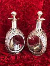 Pair Antique Chinese Identical Sterling Silver overlay Whisky Bottles