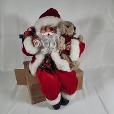 Christmas Sitting Santa Claus with Present Bag & Teddy Bear Plastic Face 14"