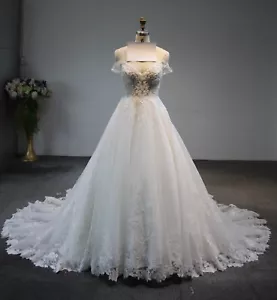 Long train handmade beading wedding dress with off shoulder sleeve - Picture 1 of 7