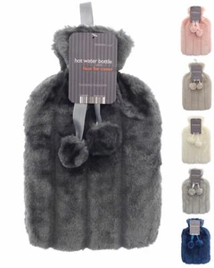 Plain Faux Fur Hot Water Bottle With Pom Poms Thermotherapy Winter Gift - Picture 1 of 53
