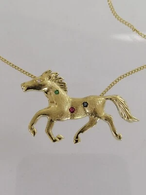 Anhänger 585 Gelbgold Pferd mit Kette mit Brillant,Rubin,Saphir,Smaragd(HEK0030) - Bild 1 von 4