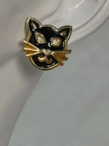 Vintage Avon schwarze Katze Gesicht mit klaren Strass Akzent Augen Ohrringe. 80er Jahre - Bild 1 von 3