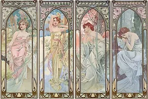 Girls season of the year A. Mucha Tile Mural Kitchen Backsplash Marble Ceramic - Picture 1 of 25