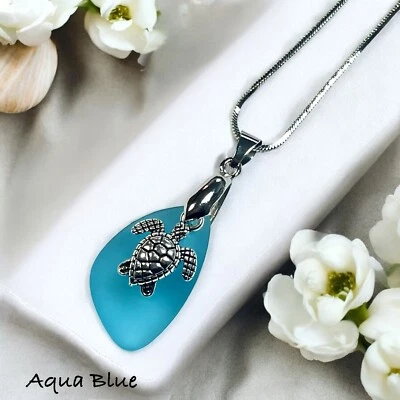 Turtle Necklace, Silver Turtle Necklace, SeaTurtle Jewelry, Sea Glass Necklace - Image 1 of 4