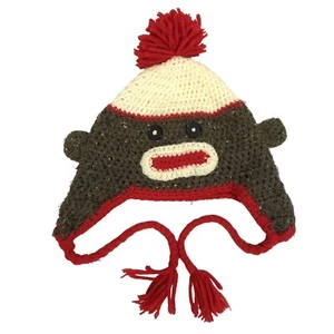 Sock Monkey Youth Knit Winter Beanie Hat Ear Flaps Tassels Handmade Button Eyes - Picture 1 of 5