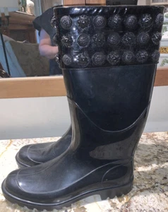 Burberry Black Rainboots Studded Cuff Leather Tall Boots Bootie 40 Euro - Picture 1 of 12