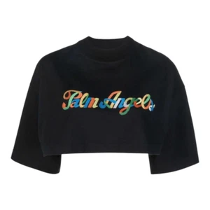 Palm Angels Embroidered Rainbow Logo Cropped Tee in Black Luxury Women's Large - Picture 1 of 11