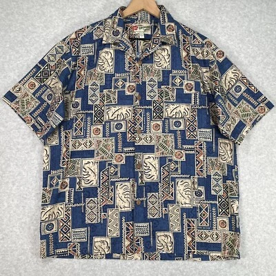 Vintage Hilo Hattie Shirt L Blue Aztec Geometric Hawaiian Aloha USA Button Up - Image 1 of 4