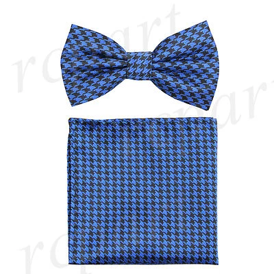 Nuevo En Caja Para Hombre Pata de Gallo Pre-atada Pajarita_Juego de Pañuelos Formal Negro Azul Real Foto 1 de 4