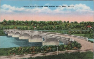 Bridge over Wabash River Peru Indiana scenic view linen c1930-40s D793 - Picture 1 of 2