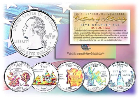 2000 HOLOGRAM U.S. MINT STATE QUARTERS * Complete Set of 5 Coins * with Capsules Cover