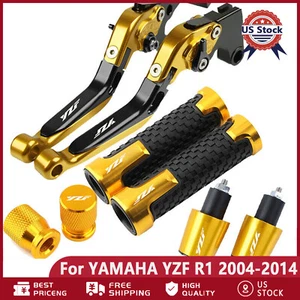 CNC Handle Grips Cap Brake Clutch Levers Gold Sets For YAMAHA YZF R1 2004-2014 - Picture 1 of 2