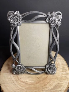 Picture Frame Ornate Pewter Color 4 X 6” Raised Flowers / Floral Cottage Core - Picture 1 of 11