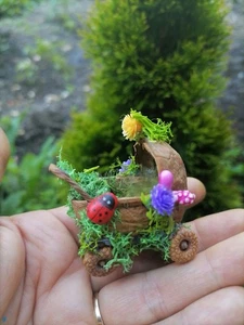 Fairy Garden Baby Carriage, Fairy Cart, Miniature Walnut Carriage, Baby Carriage - Picture 1 of 4
