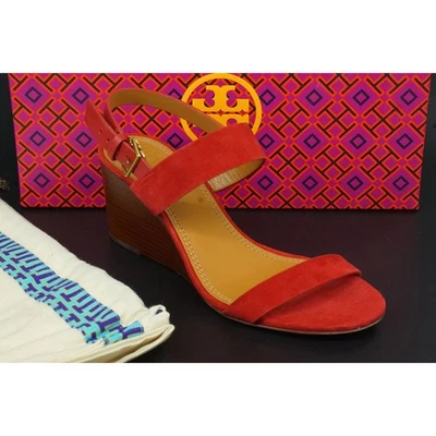 Sandalia de cuña Tory Burch Mini Benton talla 7 roja manzana gamuza cuero logotipo $298 Foto 1 de 4