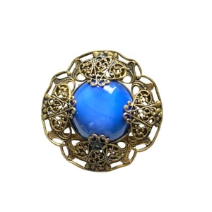 Antique Victorian Swirled Blue Czech Glass with Gold-wash Brass Brooch 1.25" - Picture 1 of 8
